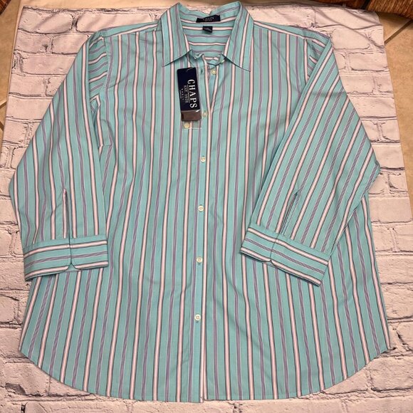 NWT Chaps Teal Striped Cotton Button Up | Women’s 1X - Picture 1 of 5